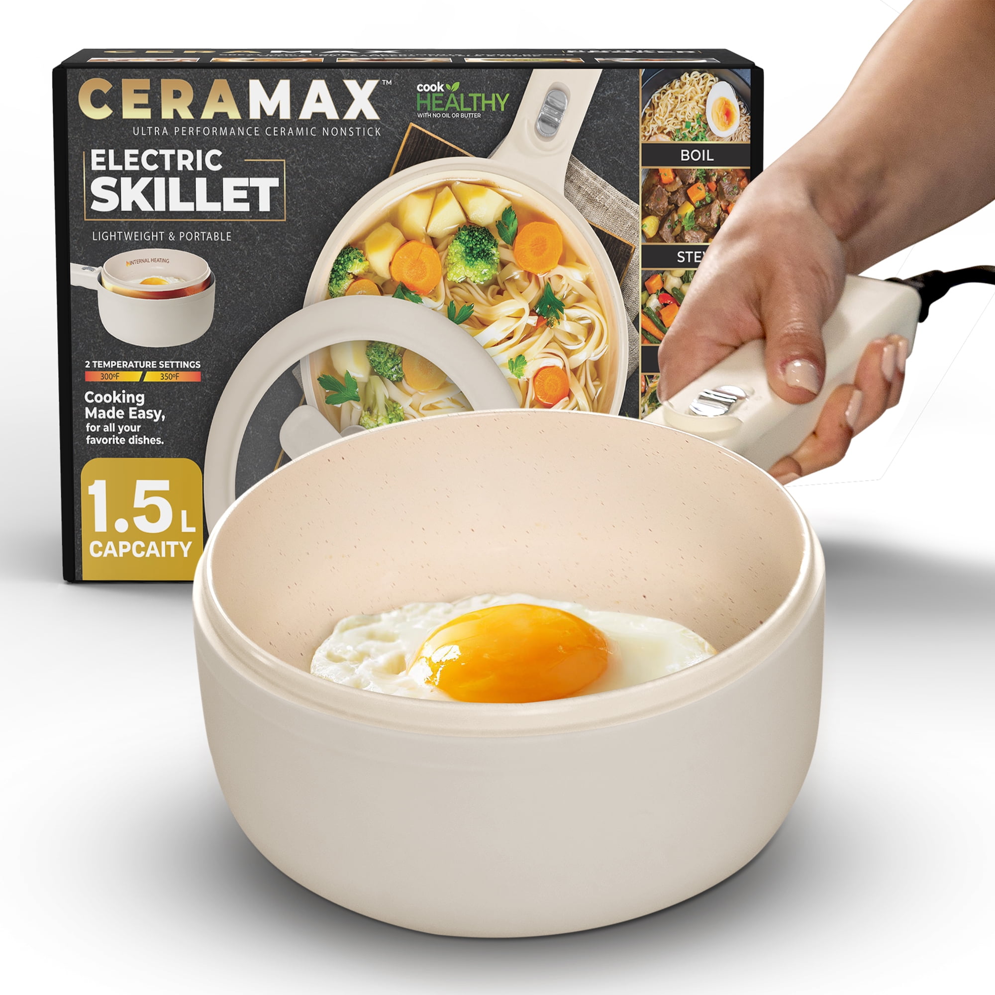 Ceramax 1.5L Matte White Ceramic Electric Skillet with Steamer