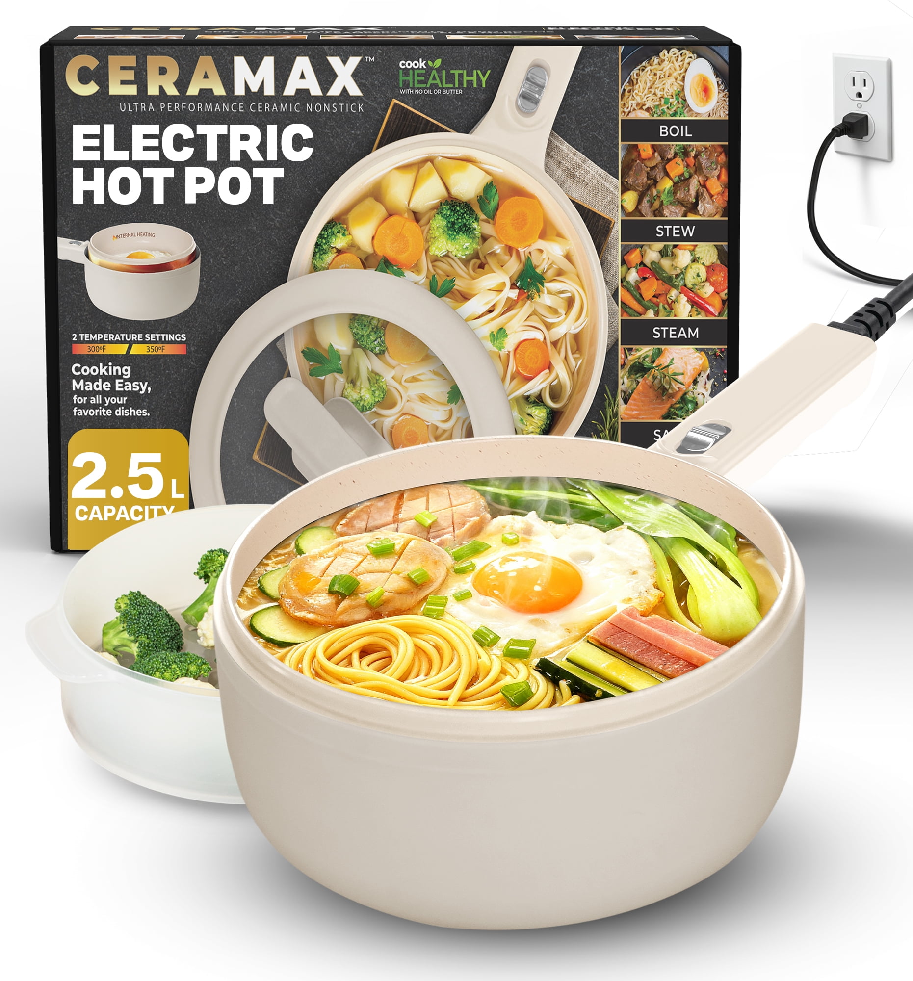 Ceramax Electric Hot Pot 2.5L Nonstick Ceramic Skillet Pan Mini Cooker with Lid Steamer for Frying Eggs Ramen Rice Saute