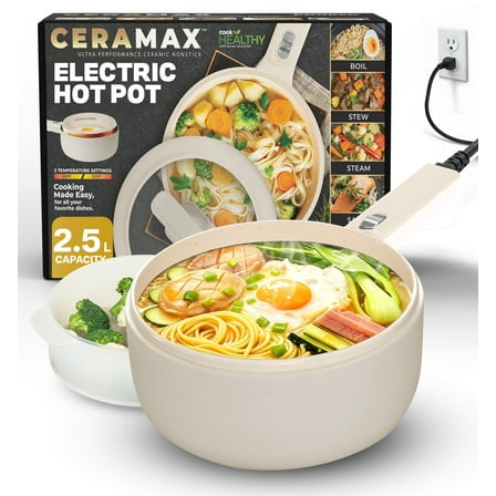 Ceramax Electric Hot Pot 2.5L Nonstick Ceramic Skillet Pan Mini Cooker with Lid Steamer for Frying Eggs Ramen Rice Saute