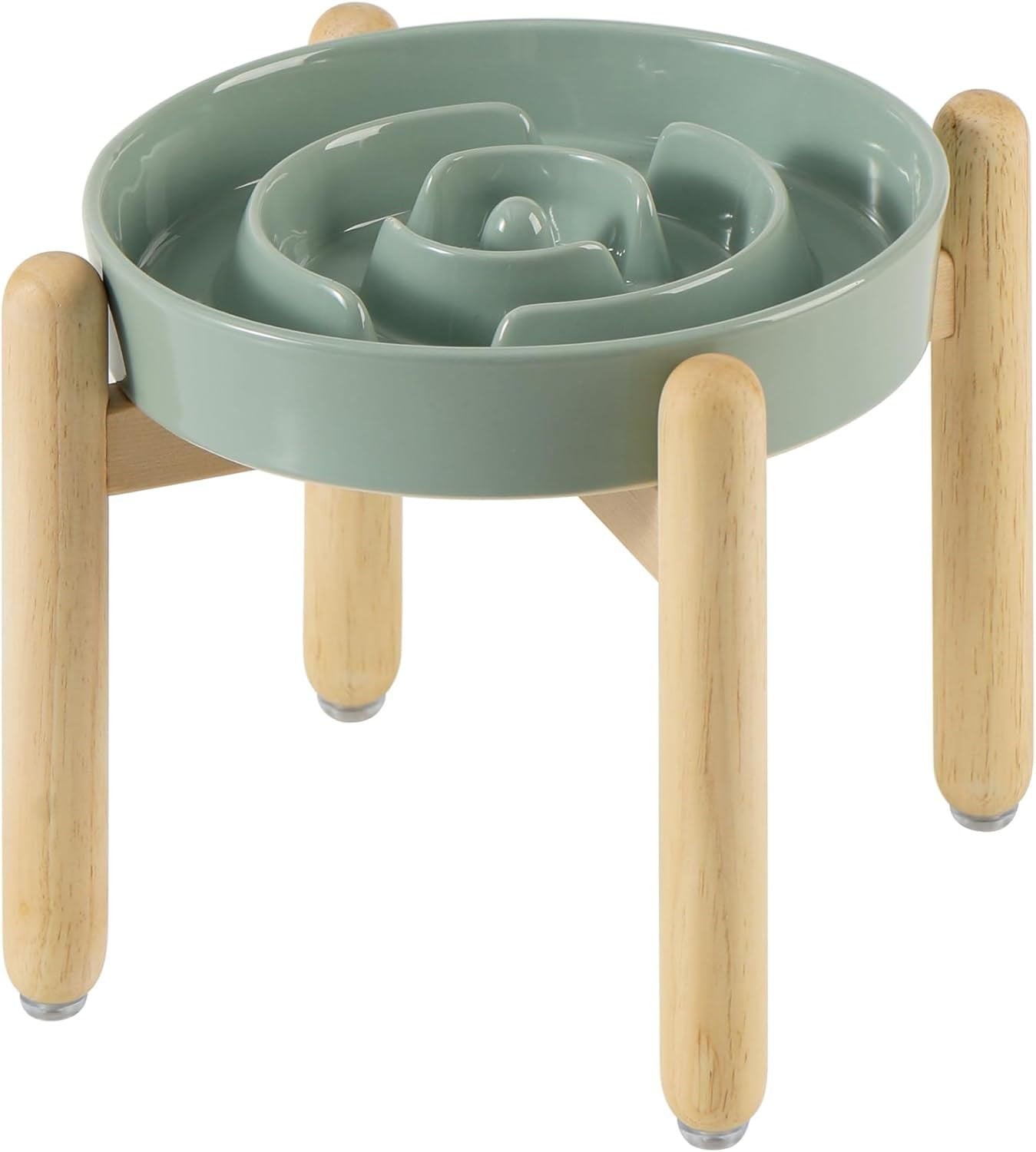 Ceramic 1.2 Cup Raised Slow Feeder Dog Bowl Set, Elevated 6.1inch Bowl and 7.3inch Puzzle Slow Food Dish with Wooden Stand for Medium and Small Dog, Anti-Gulping (2 x Brown Coffee+ Stand)