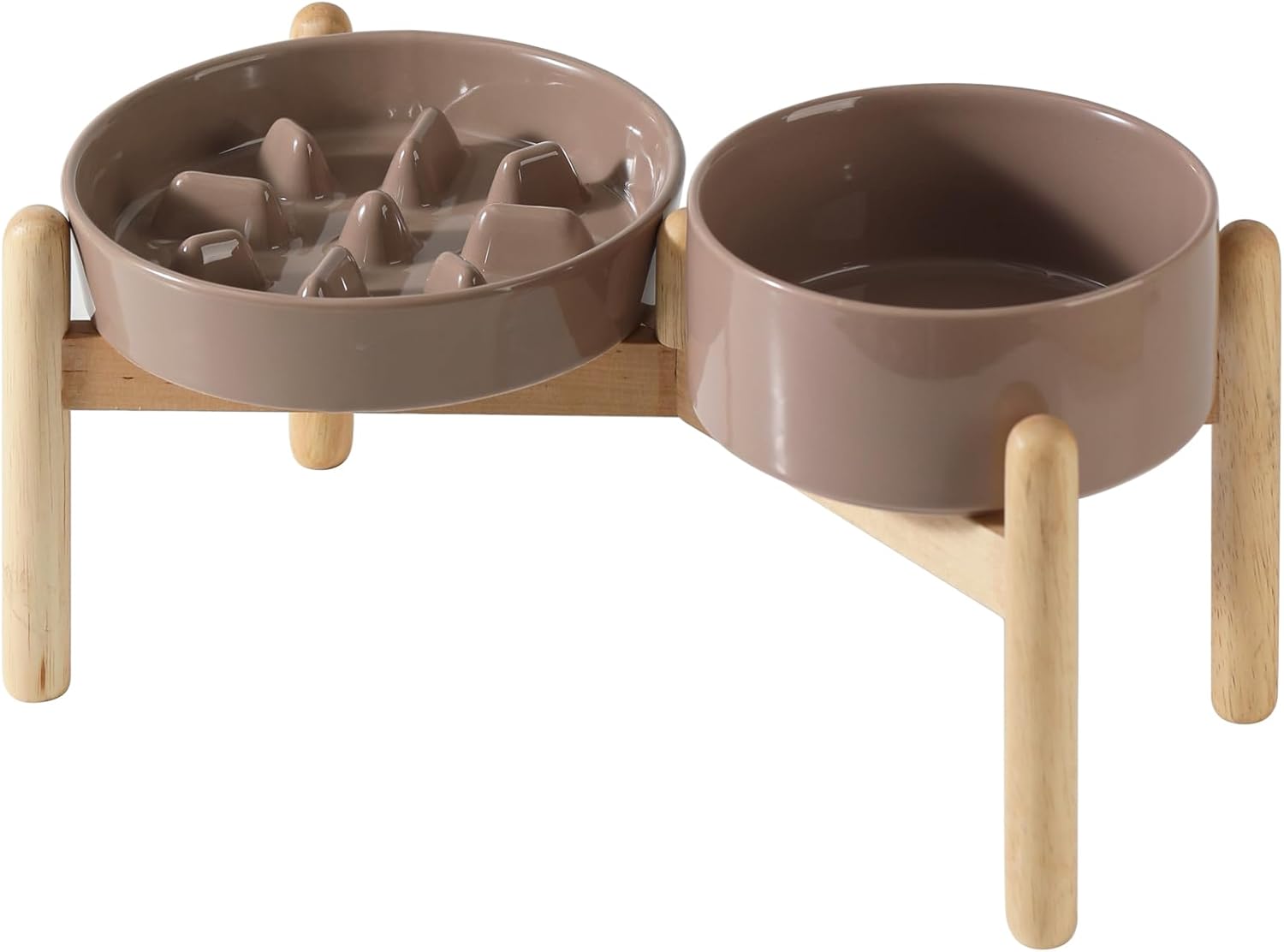 Ceramic 1.2 Cup Raised Slow Feeder Dog Bowl Set, Elevated 6.1inch Bowl and 7.3inch Puzzle Slow Food Dish with Wooden Stand for Medium and Small Dog, Anti-Gulping (2 x Brown Coffee+ Stand)