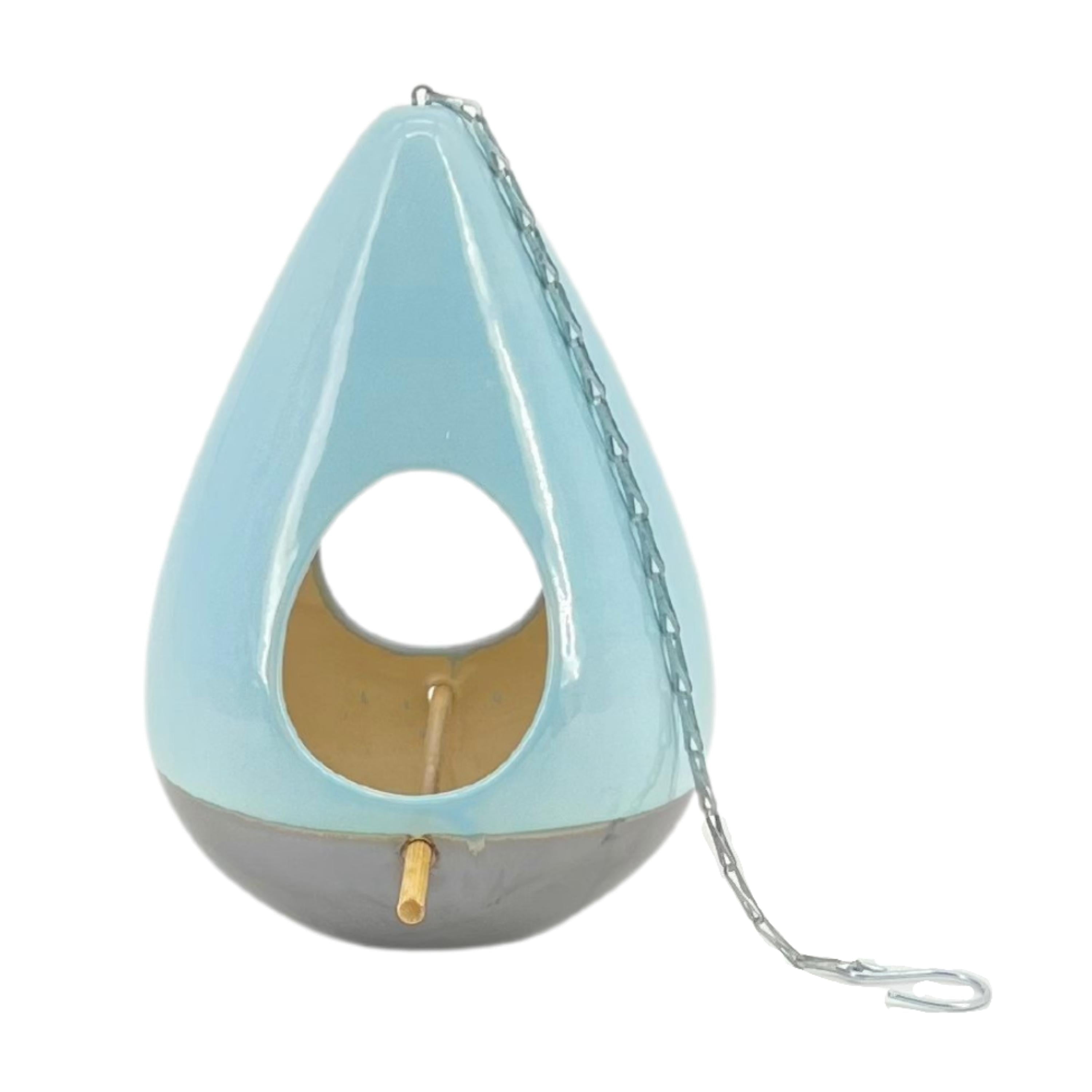 Blue and Gray Ceramic Teardrop Birdhouse with Chain