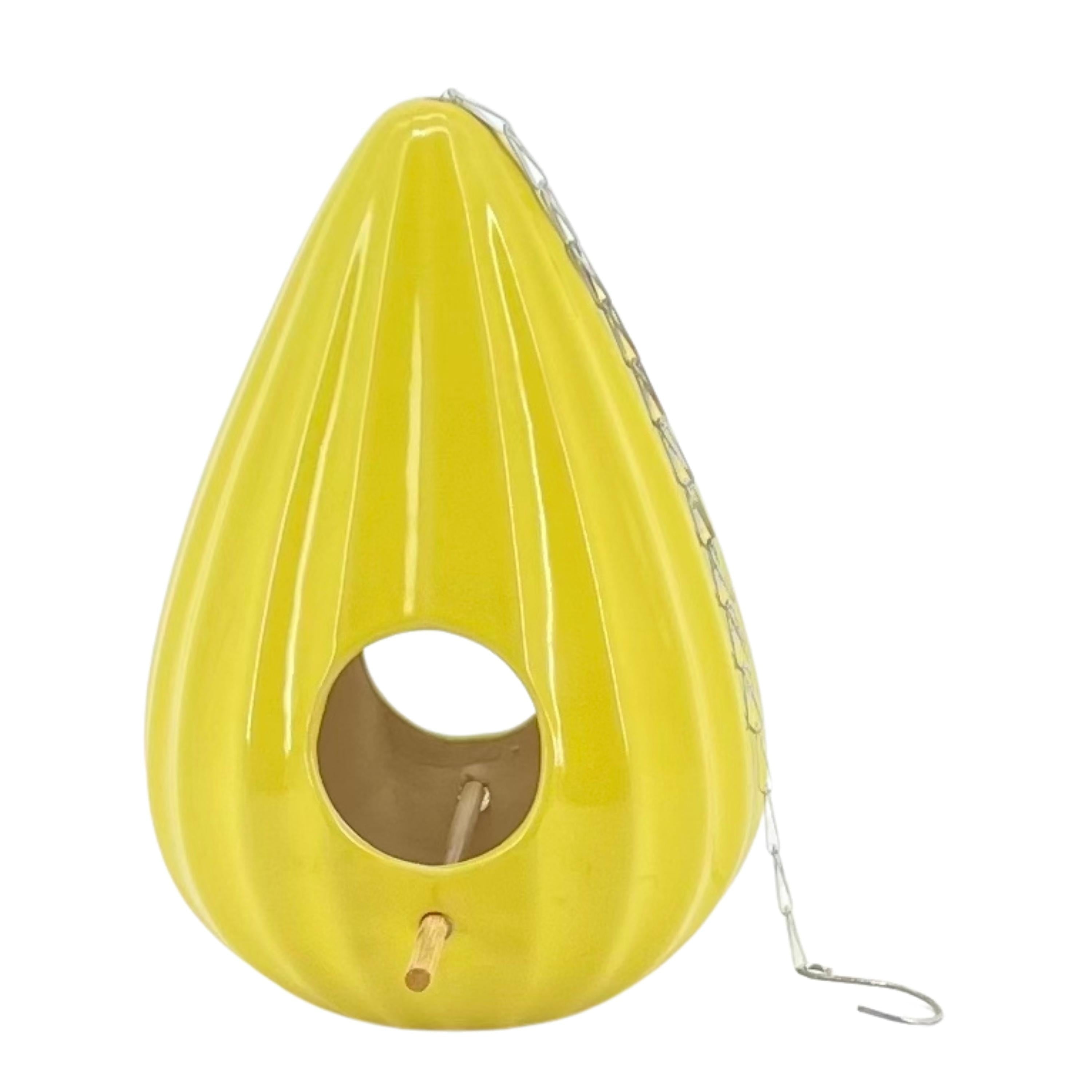 Yellow Ceramic Teardrop Ruffled Hanging Birdhouse