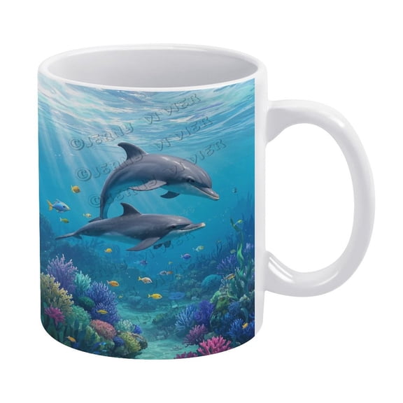 Ceramic 11 Oz Coffee Mug, Dolphin Design, Perfect for Office or Home Use