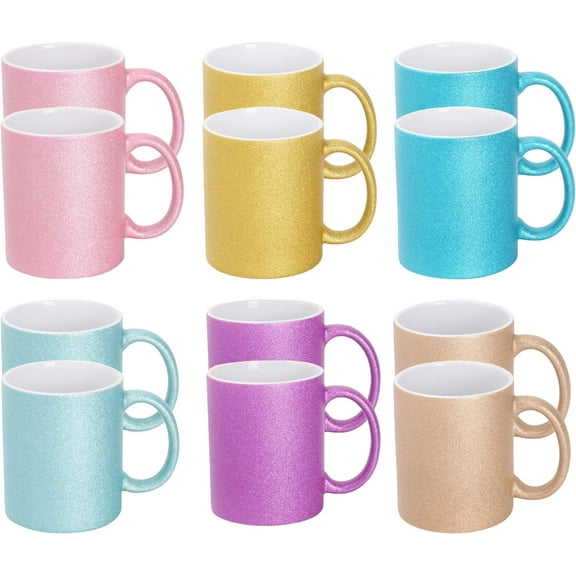 Ceramic 11oz Sublimation Coffee Mug Packed in White Box, 6 Assorted Sparkling(Glitter) Colors, Case of 12