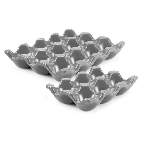 Ceramic 12 + 6 Cups Egg Tray - 18 Porcelain Egg Holder Container Keeper Storage Organizer Decorative Serving Stand Serveware for Refrigerator Fridge Countertop Display Kitchen (Gray)