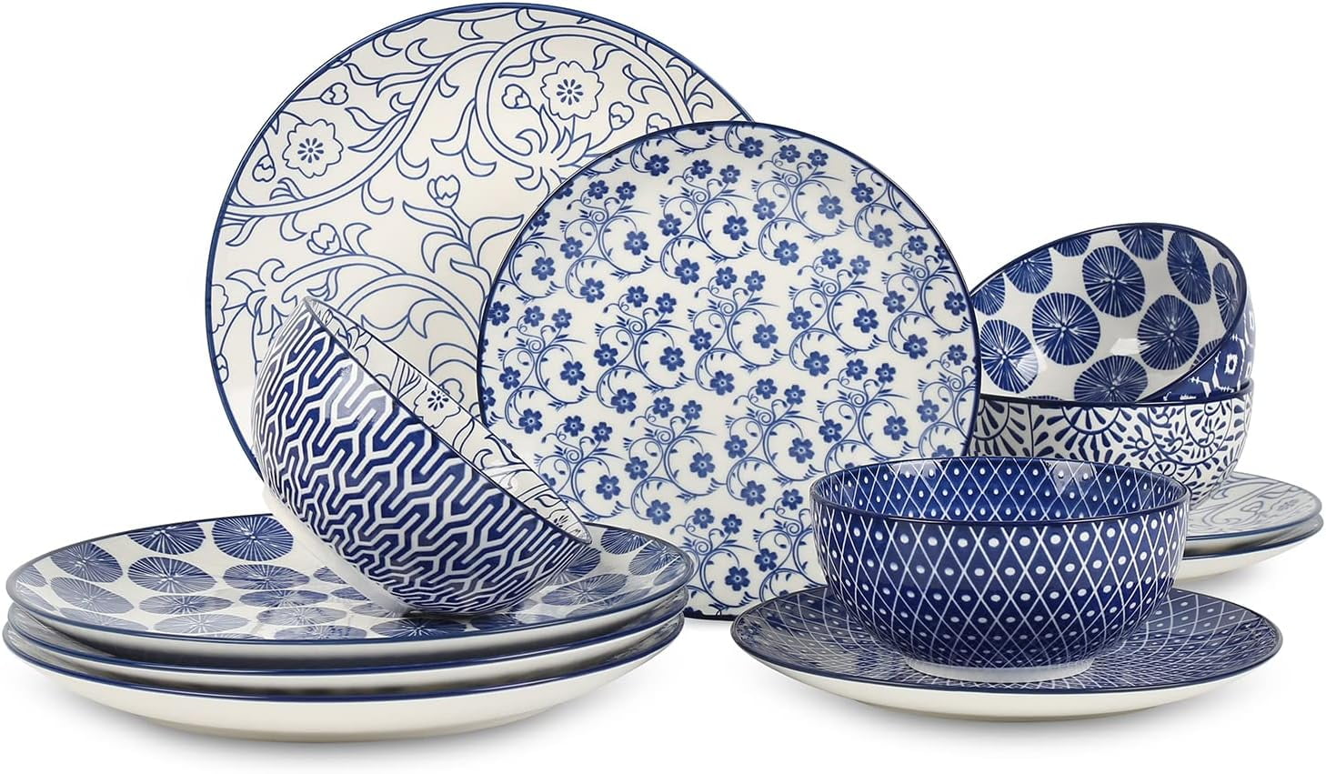 Vintage Blue Porcelain Floral 12-Piece Dinnerware Set