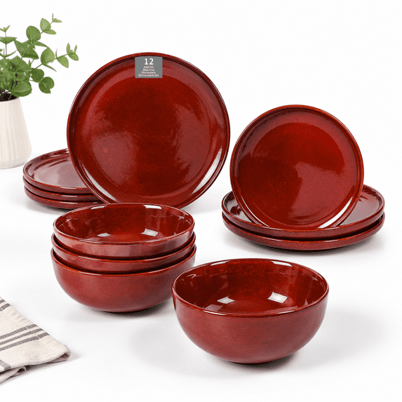 Ruby Ware Warehouse Ceramic 12 Pieces Dinnerware Set - Dinner Plates Salad Cereal Service ...
