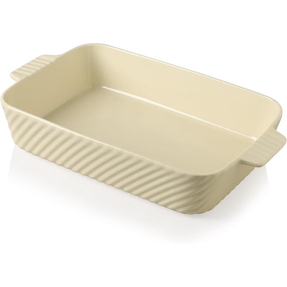 Ceramic 13 x 9 Baking Pan, Cake Baking Dish for Brownie, Porcelain Striped Casserole Dishes for Oven with Handle for Lasagna, Family Dinner(Beige)