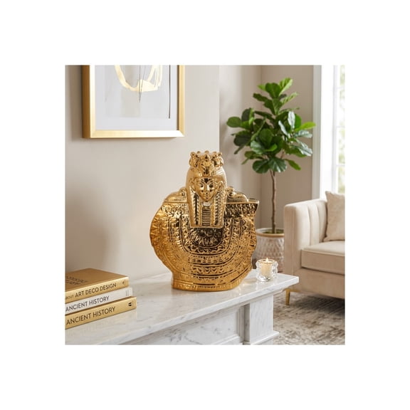 Pharaoh Bust Figurine for Home Decor - Ceramic Stoneware Sculpture with Glam Detailing for Room, Living Room, Office or Shelf Decor - Modern Egyptian-Inspired Ornament for Coffee Tables - 14", Gold