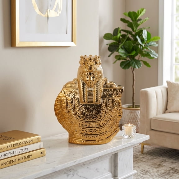 Sagebrook Home Pharaoh Bust Figurine for Home Decor - Ceramic Sculpture with Glam Detailing for Room, Living Room, Office or Shelf Decor - 14", Gold