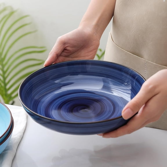 Ceramic 16-Pieces Dinnerware Set, Ceramic Dishes Set for 4, Kitchen Plates and Bowls Sets, Dinner Plates Set, Spray Black Dots, Gradient Blue