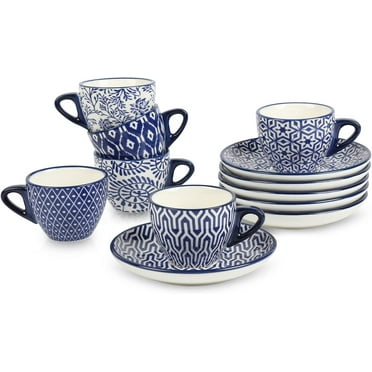 Ceramic 2 oz Espresso Cups, Small Expresso Coffee Cup Set with Saucers, Porcelain Mini Demitasse Cups for Latte Mocha Tea, Set of 6, Vintage Blue