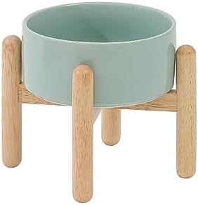 Ceramic 6.1inch Raised Dog Bowl with Stand for Small and Medium Dog Dish Pet Food and Water Bowl (Single Bowl with Stand - Light Green)