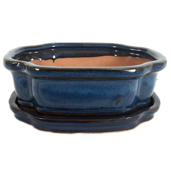 Ceramic 6" Bonsai Pot/Saucer - Ocean Blue Rectangle Fancy