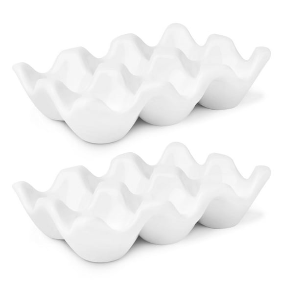Ceramic 6-Cup Egg Tray - Half Dozen Porcelain Egg Holder Container Keeper Storage Organizer Decorative Serving Stand Serveware for Refrigerator Countertop Display Kitchen (White, 2 Pack)