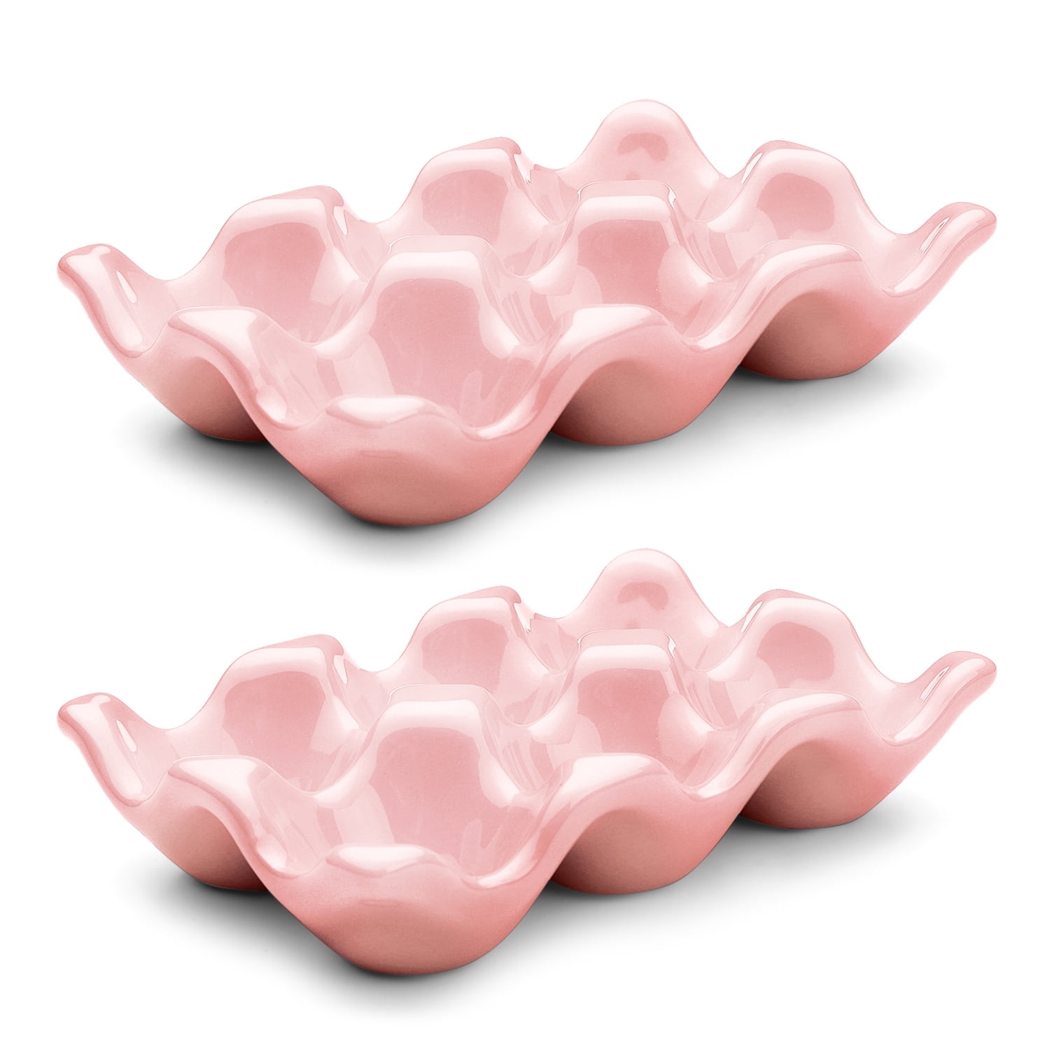 Ceramic 6-Cup Egg Tray - Half Dozen Porcelain Egg Holder Container Keeper Storage Organizer Decorative Serving Stand Serveware for Refrigerator Countertop Display Kitchen (Pink, 2 Pack)