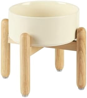 Ceramic 7.3inch Raised Dog Bowl Set, Elevated with Wooden Stand, Food and Water Bowl for Medium Breed Dogs, Weighted Dog Dishes, Pet Feeder(Beige)