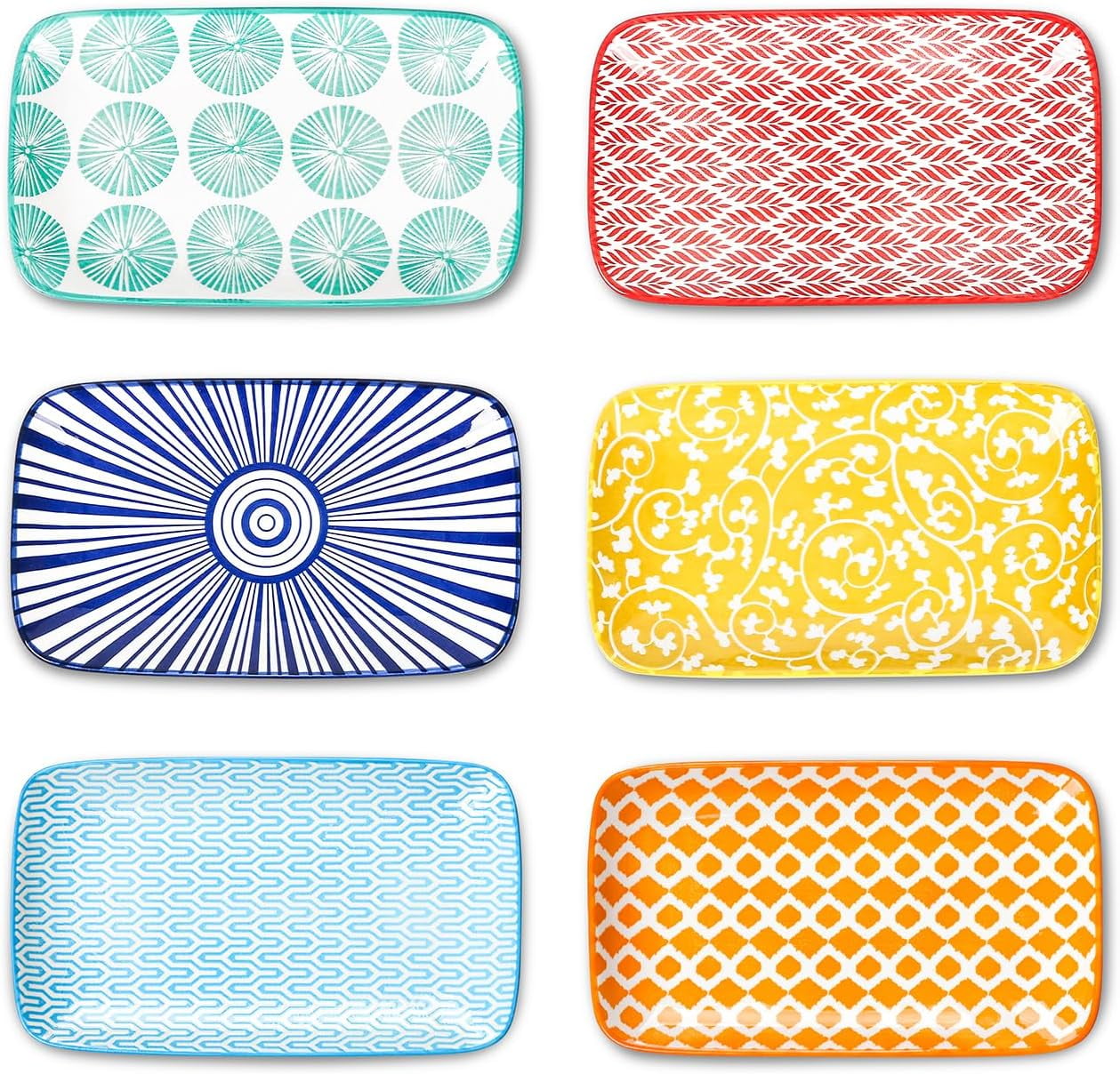 Ceramic 8 inch Rectangular Salad Plates, Dinner Plates, Pasta Dessert Plates for Appetizer, Sushi, Fruit - Microwave/oven/Dishwasher Safe, Set of 6, Vintage Blue