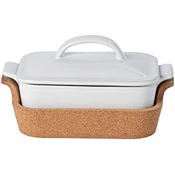 Ceramic 9.75" x 5.75" Oval Baker with Cork Tray - Ensemble Collection, White | Oven & Microwave Safe Bakeware | Food Safe Glazing | Restaurant Quality Dinnerware$$Home Decor, Kitchen, & Other