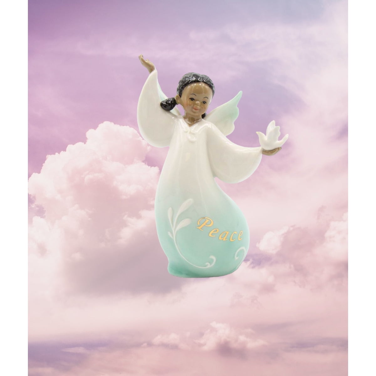 Ceramic African American Angel with Dove Figurine in White and Green