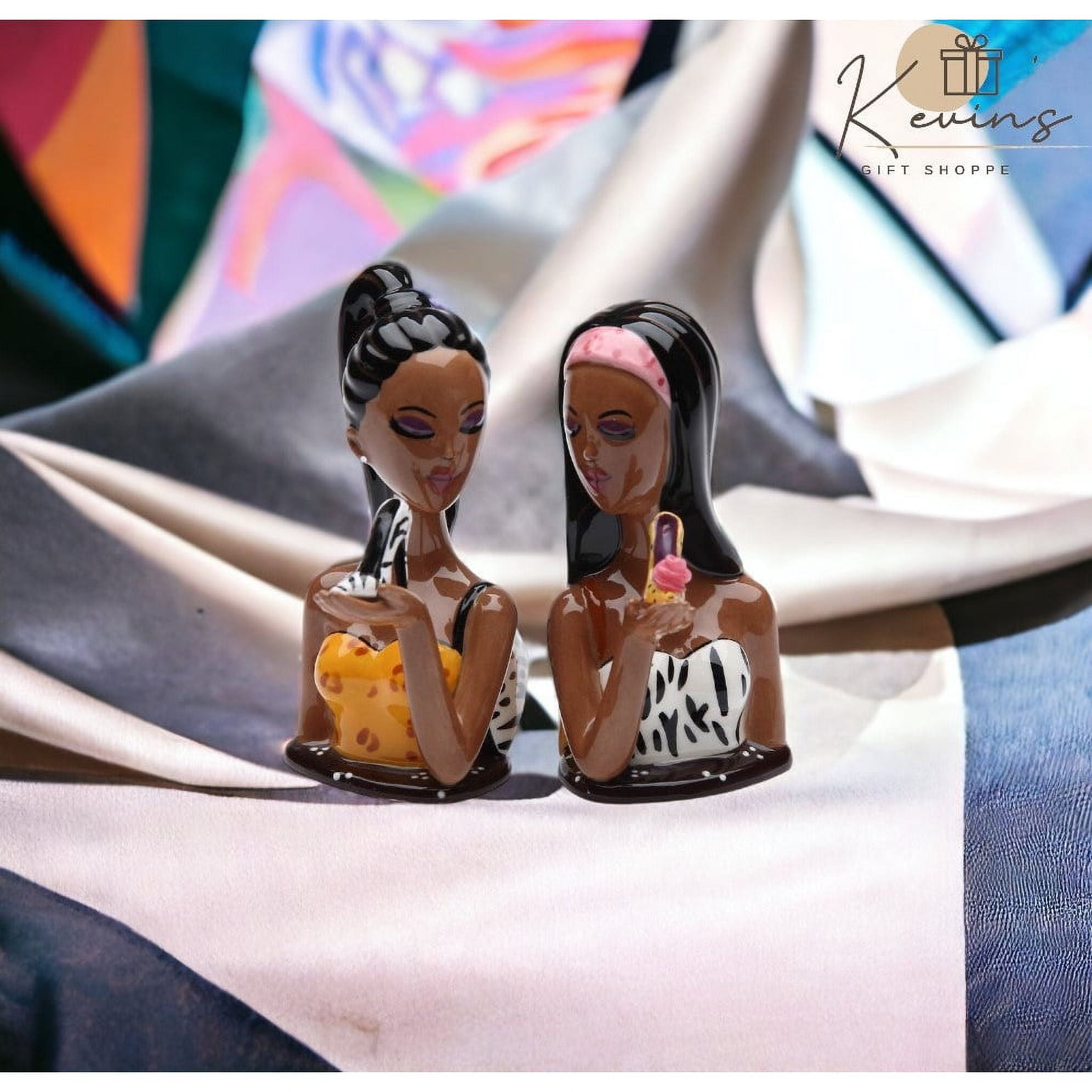 Ceramic African American Ladies Salt and Pepper Shakers Gift Set