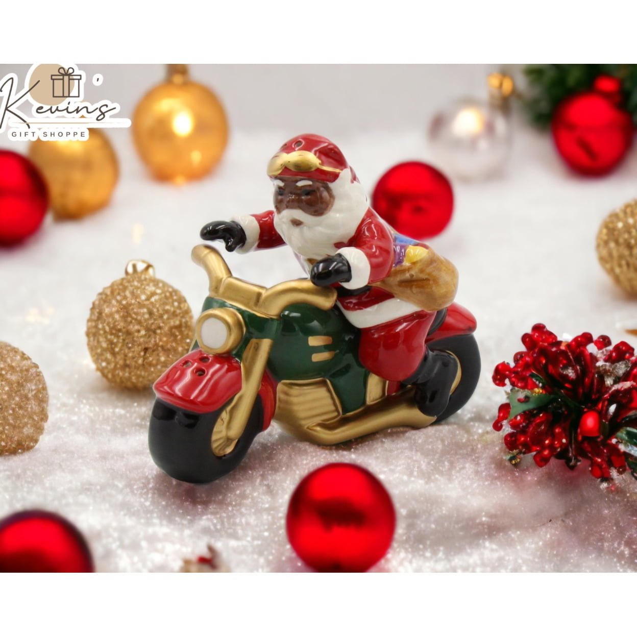 Ceramic African American Santa Claus Riding Motorcycle Salt And Pepper