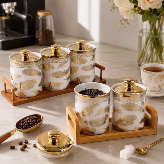 Ceramic Airtight Canister Set with Bamboo Tray, Gold Feather Design, Moisture-Proof Storage