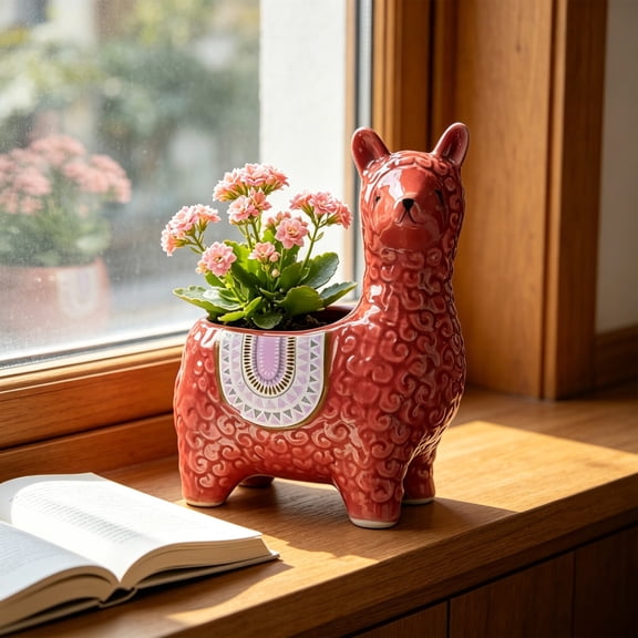 Ceramic Alpaca Planter Pot, Small Cactus Fleshy Plant Container for Desktop, Funny Animal Shaped Home Decor for Office Shelf
