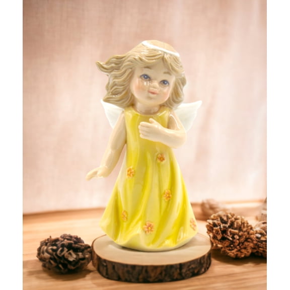 Ceramic Angel Figurine Yellow Dress 2.375x3 Inch Religious Baptism