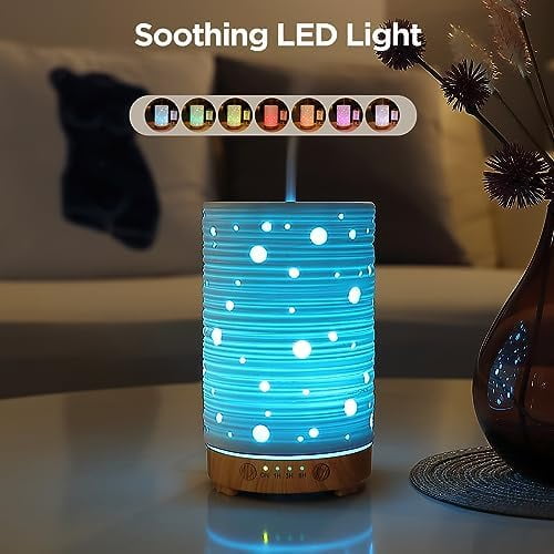 Ceramic Aromatherapy Diffuser Stone ultrasonic Cool Mist Scent Essential Oil Diffuser Humidifier with Intermittent Mist & LED 7 Colors Changing Night Light for Bedroom Office Home Décor