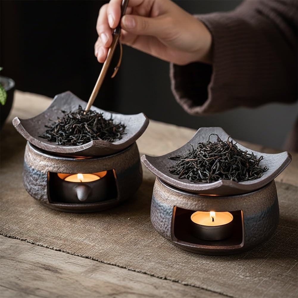 Ceramic Aromatherapy Stove Essential Oil, Cedar and Zen Aromatherapy Burner, Handmade Zen Incense Burner Kit, Tea Light Candle Holders Teapot Warmer for Home Office Meditation Relaxation(2 Set)
