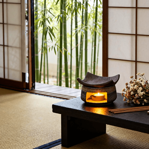 Ceramic Aromatherapy Stove, Handmade Tea & Essential Oil Warmer, Wax Melts Burner with Cedar & Zen Design, Ideal for Peaceful Spaces