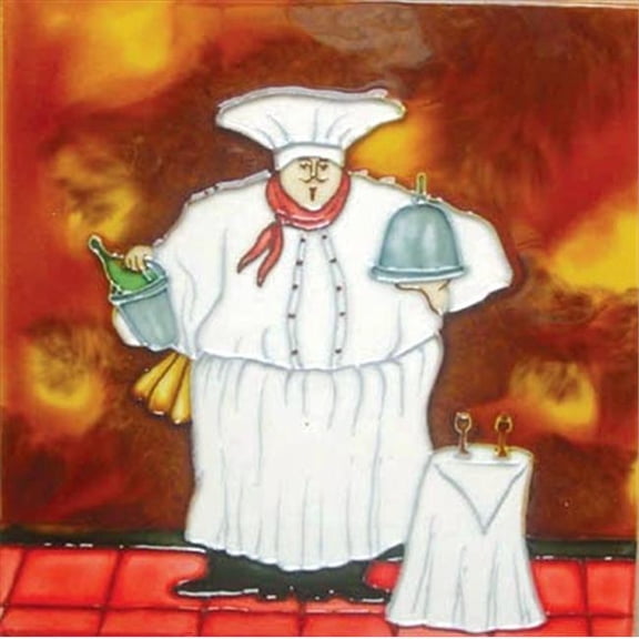 Ceramic Art Tile - Fat Chef with Side Table - 8 x 8 in. - Hand Painted