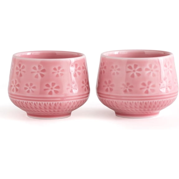 Ceramic Arts Traditional Japanese Tea Cups, Matcha Cup 240ml with Cherry Blossom Design, Handcrafted Style Mug for Latte Green (pink)