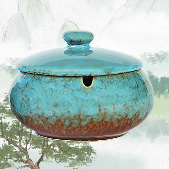 Ceramic Ashtray with Lids, Cigarette Ashtray for Indoor/Outdoor Use, Blue Porch Decorations, Tray for Home Office Decorations Ornaments