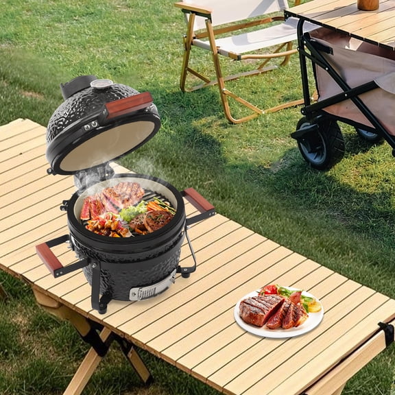 Ceramic BBQ Charcoal Grill, Dome Design with 12.6" Cooking Space, Portable Outdoor Cooking for Patio Camping Tailgating, Precise Temperature Control