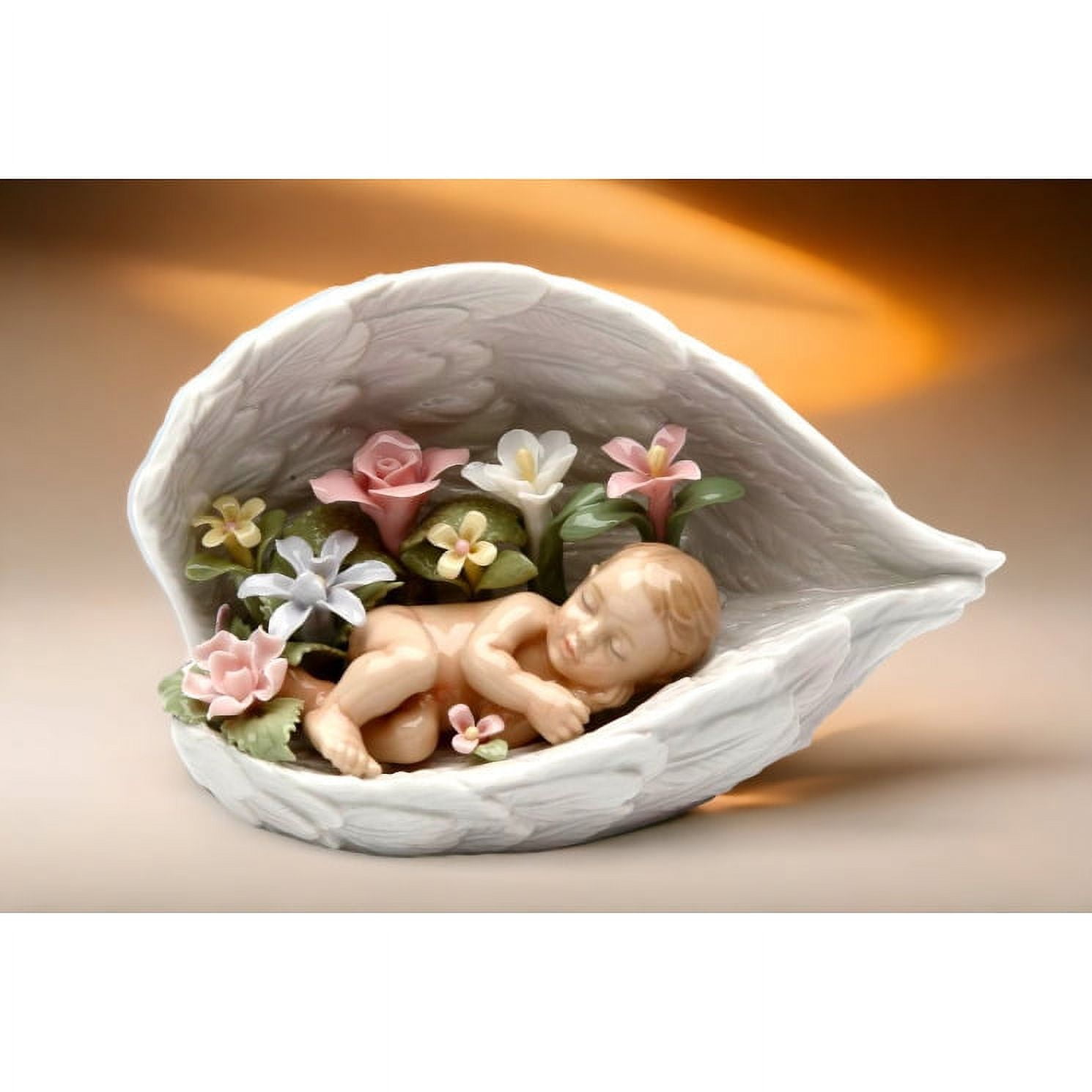 Glossy Ceramic Baby in Angel Wings with Floral Accents
