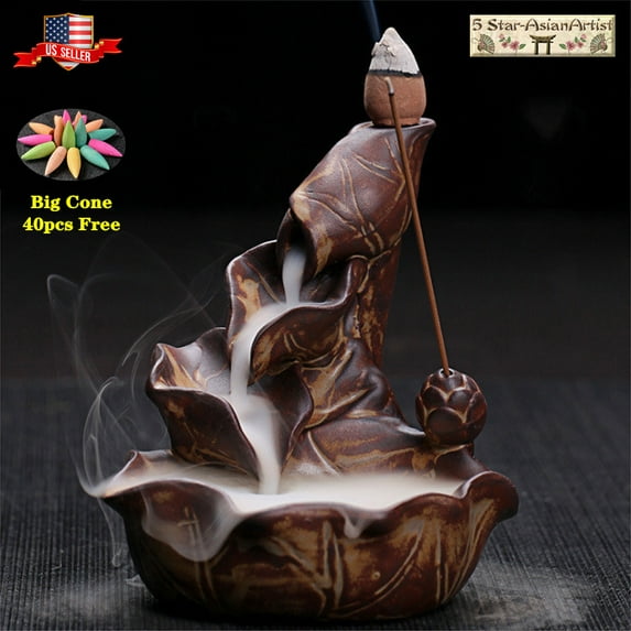 Ceramic Backflow Incense Burner Holder Home Decor Mountain Waterfall 012 & 40pcs Cones Gift