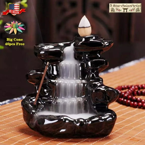 Ceramic Backflow Incense Burner Home Decor Mountain Waterfall 097 & 40pcs Cones Gift