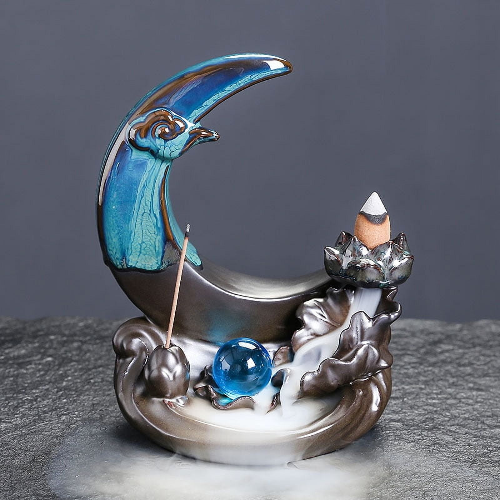Ceramic Backflow Sandalwood Incense Burner Creative Moon Lotus Leaf Smoke Incense Stick Holder Zen Ornament Craft Decoration