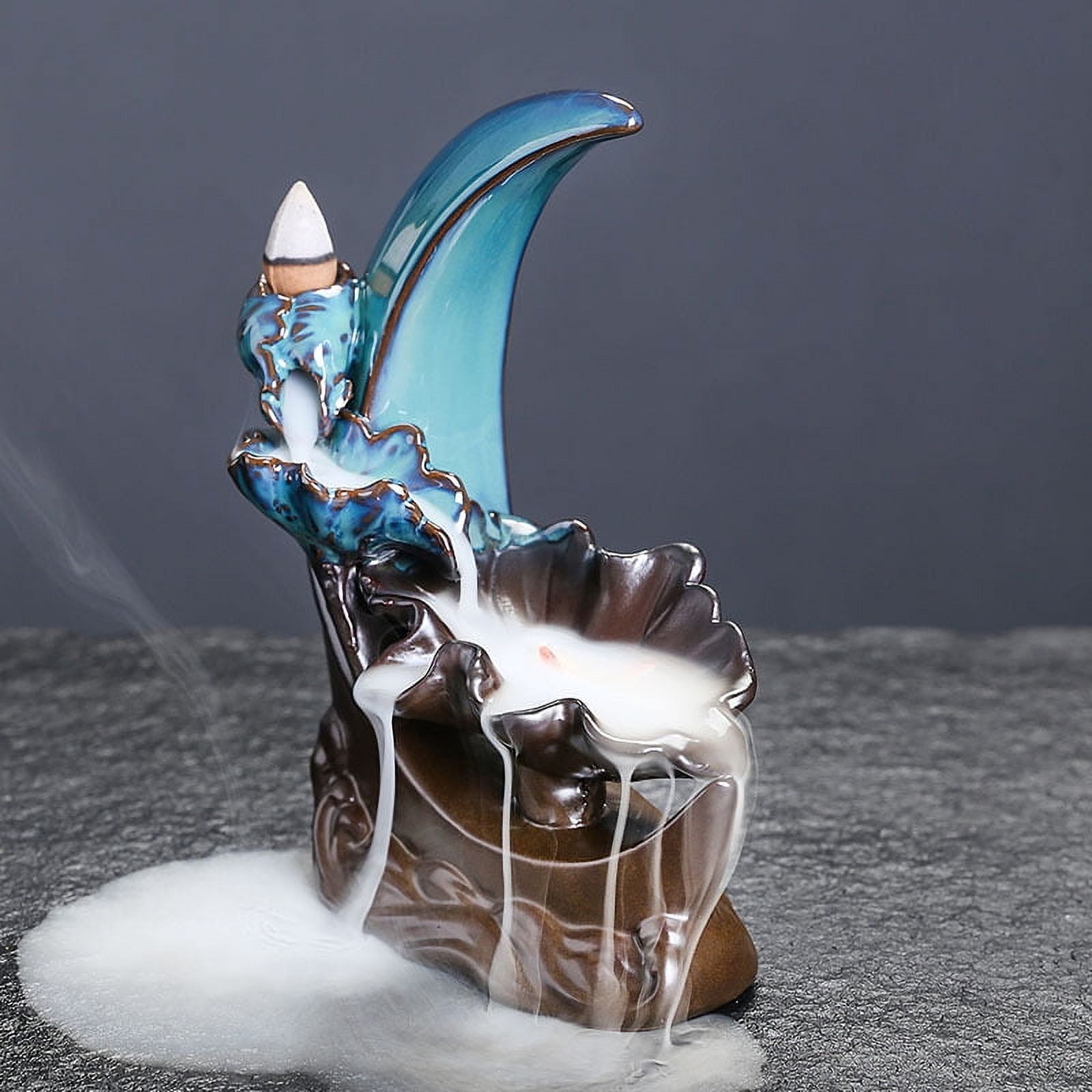 Ceramic Backflow Waterfall Burner Creative Moon Lotus Leaf Small Fish Sandalwood Backflow Incense Holder Craft Decoration