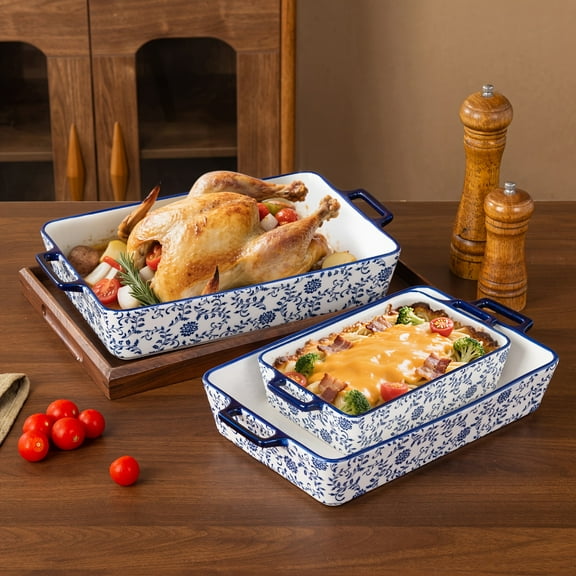 Ceramic Bakeware Set of 3, Rectangular Casserole Dishes for Lasagna, Chicken, Turkey - Oven, Microwave & Dishwasher Safe - Blue & White - Wedding Housewarming Gift