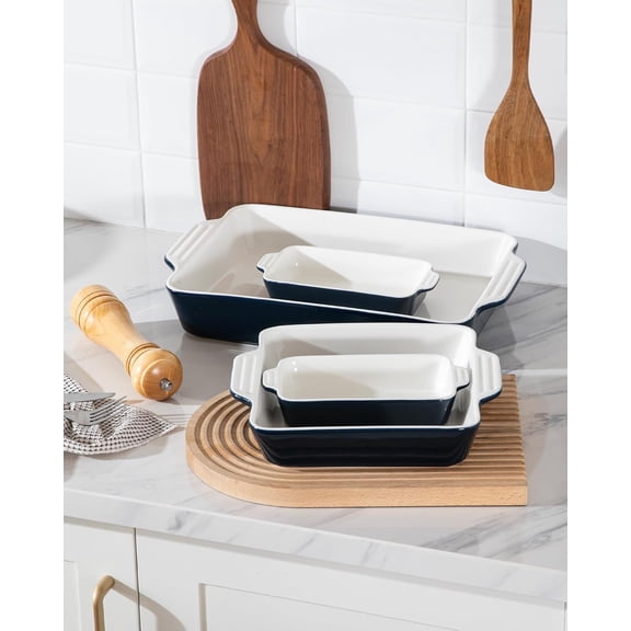 Ceramic Bakeware Set of 4, Casserole Dishes for Oven, Rectangular Baking Dish with Handles, Lasagna Pans Deep for Cooking, Gratin, Roasting, Banquet and Daily Use (Navy)