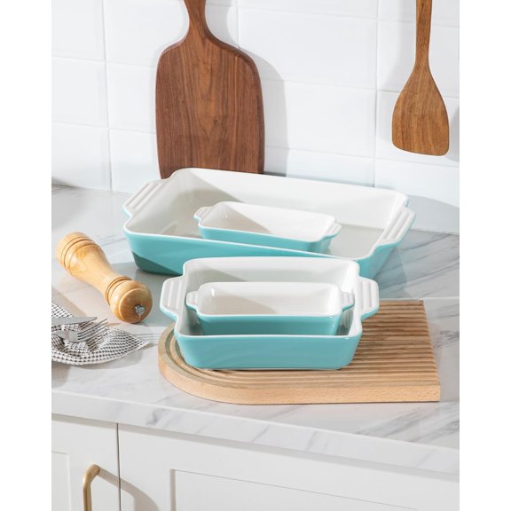 Ceramic Bakeware Set of 4, Casserole Dishes for Oven, Rectangular Baking Dish with Handles, Lasagna Pans Deep for Cooking, Gratin, Roasting, Banquet and Daily Use (Turquoise)
