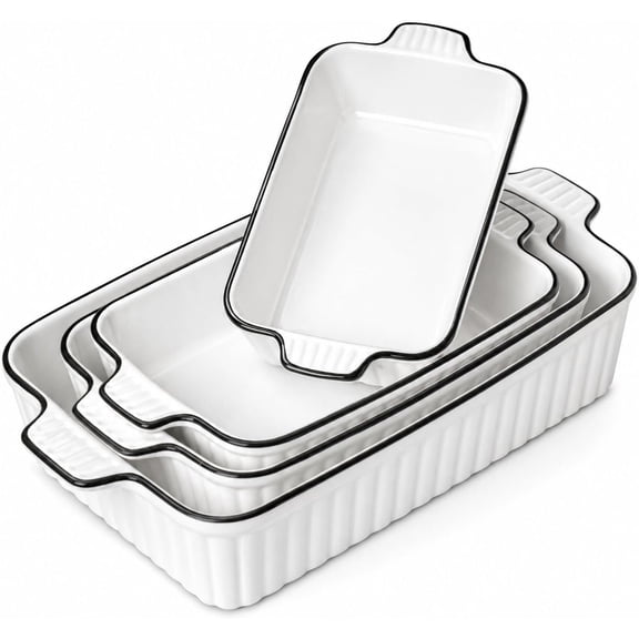 Ceramic Bakeware Set of 4 Deep Rectangular Casserole Dishes, Oven-to-Table, Non-Stick, Stackable, Dishwasher and Microwave Safe, White Polished Finish