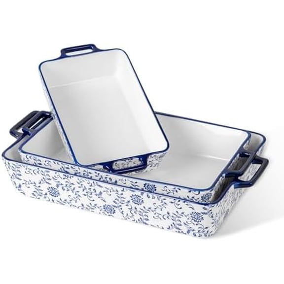 Ceramic Bakeware Set - Casserole Dish Baking Dishes for Oven - Rectangular Lasagna Pans with Handles for Kitchen Cooking - Microwave & Dishwasher Safe - Set of 3 (15.1''/13.6''/9.9'') - Blue