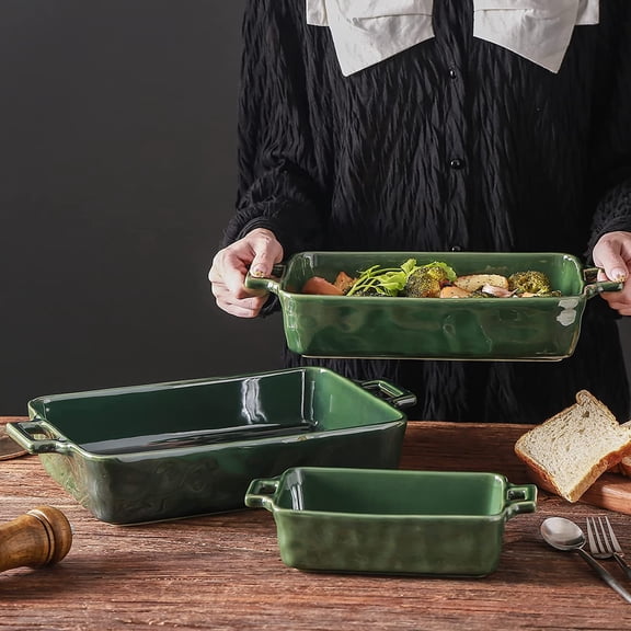 Ceramic Bakeware Set, Porcelain Rectangular Baking Dish, 3 PCS Lasagna Pans Casserole Dish for Cooking Kitchen Cake Dinner Banquet Daily Use Green