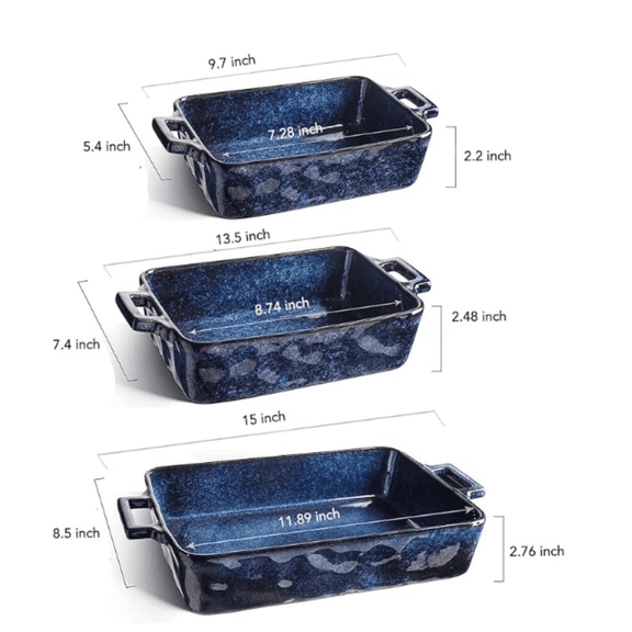 Ceramic Bakeware Set, Porcelain Rectangular Lasagna Pans Casserole Dish Set for Baking, Cooking, Kitchen, Cake Dinner, Banquet an Daily Use, 3 PCS, 15 x 8.5 Inches(Blue)