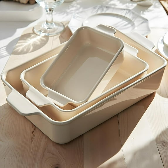 Ceramic Bakeware Set, Rectangular Baking Dishes, Oven, Microwave & Dishwasher Safe, Set of 3 (Cream)
